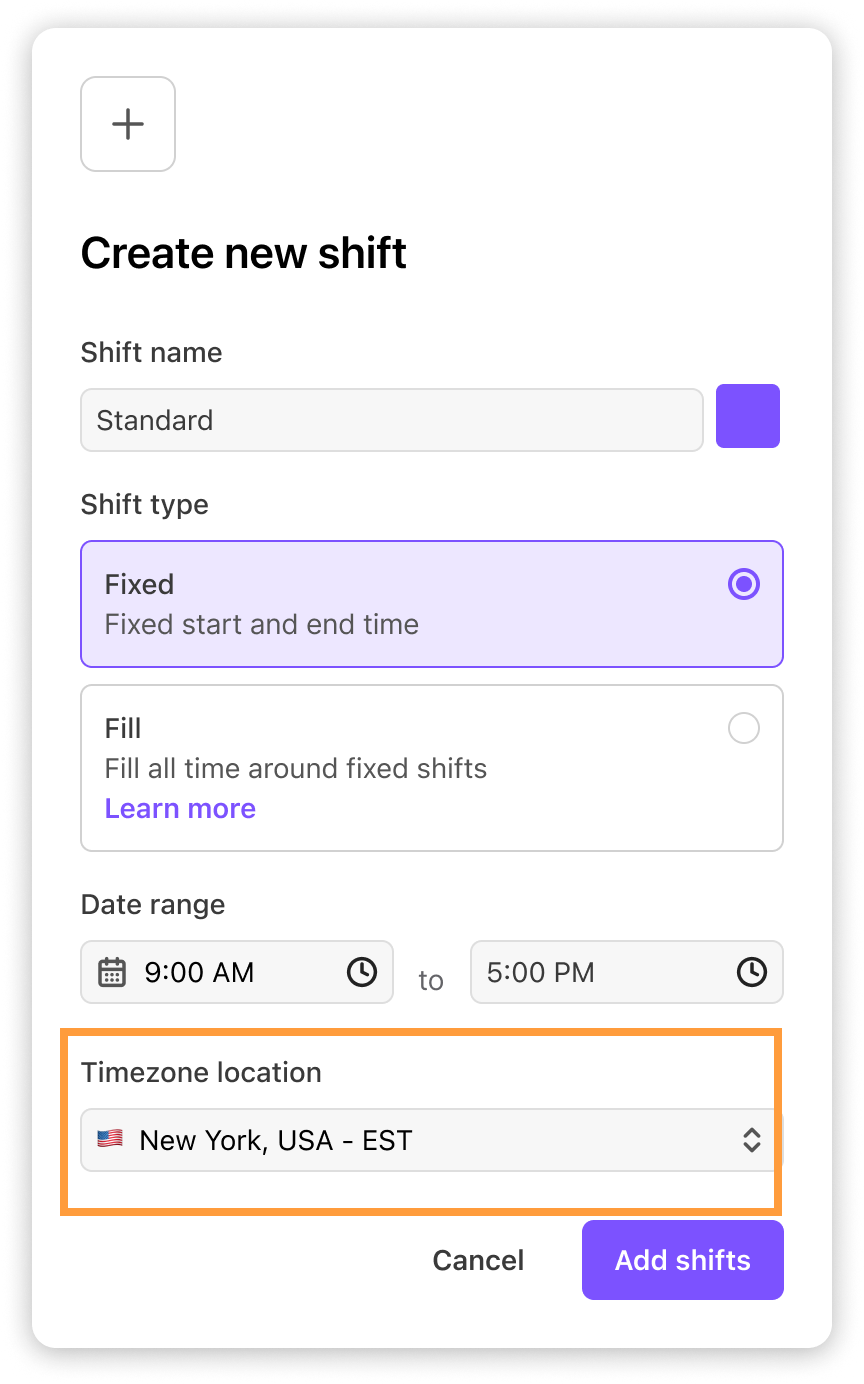 Creating a new shift with fixed time and timezone location in New York, USA.